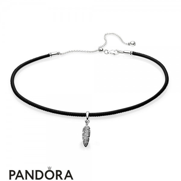Women's Pandora Jewellery Black Leather Choker Necklace & Feather Pendant