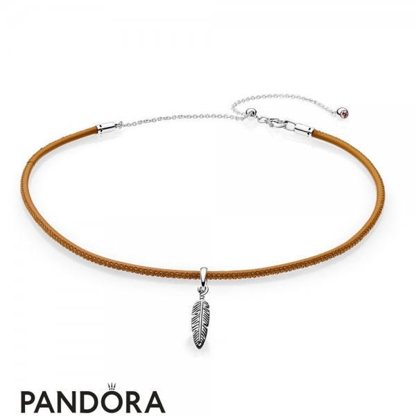 Women's Pandora Jewellery Golden Tan Leather Choker & Feather