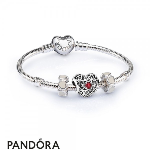 Women's Pandora Jewellery July Signature Heart Birthstone Charm Bracelet Set