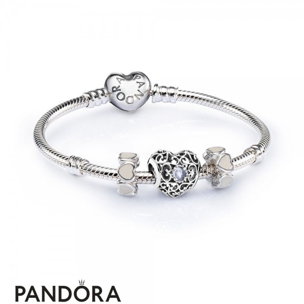 Women's Pandora Jewellery March Signature Heart Birthstone Charm Bracelet Set