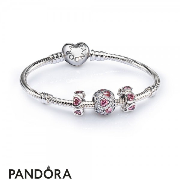 Women's Pandora Jewellery Pink Heart Pave Ball Charm Bracelet Set