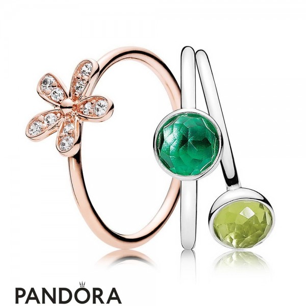 Pandora Jewellery Rose Daisy And Peridot Ring Stack